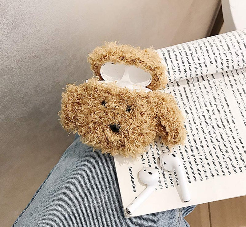 SGVAHY Furry Case for AirPods 1&2 Funny Cute 3D Cartoon Plush Design Teddy Khaki Soft Warm Fluffy Cover with Keychain Kawaii Anti-Fall Protective Case Women Girls - Image 2